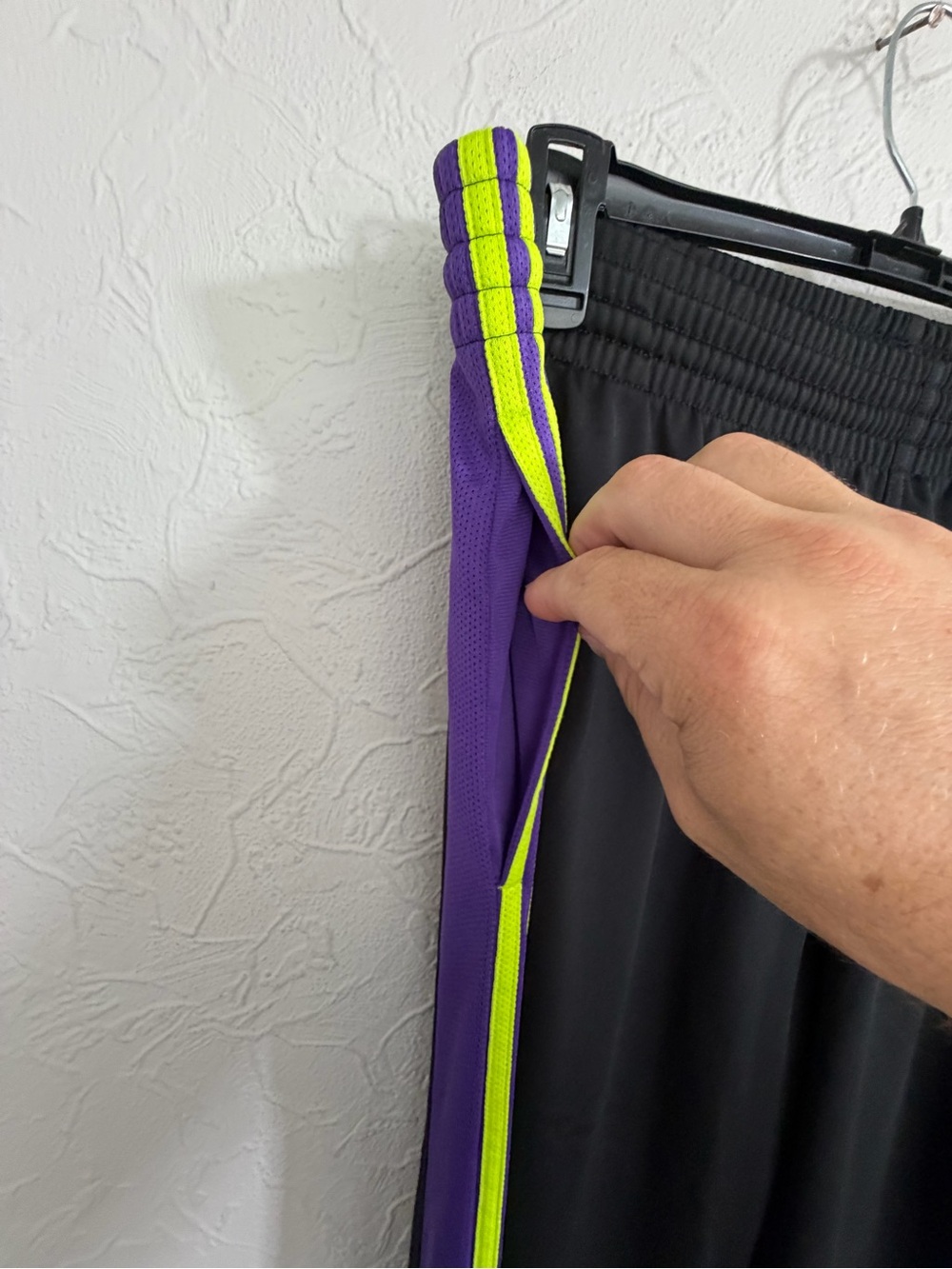 Vintage Adidas Track Pants Purple Neon Yellow 3 Stripe Y2K Button Snap Hem CLEAN - Picture 4 of 8
